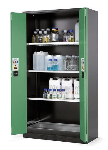 asecos Chemikalienschrank Systema CS-103F, Korpus anthrazit, grün, 3 Einlegeböden und Bodenwanne, 202706