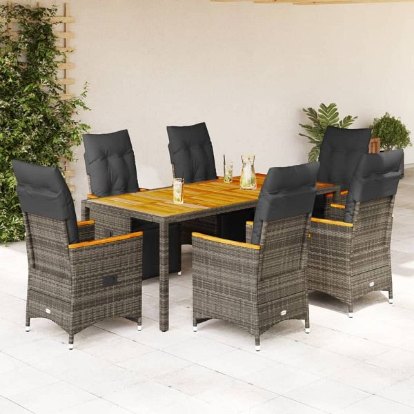 vidaXL 7-tlg. Garten-Bistro-Set mit Kissen Grau Poly Rattan, 3276971