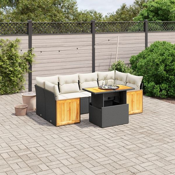 vidaXL 7-tlg. Garten-Sofagarnitur mit Kissen Schwarz Poly Rattan, 3273856