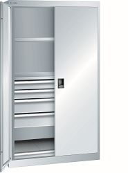 LISTA Schwerlastschrank 54x27E (BxTxH) 1100x641x1950mm CODE Lock, Lichtgrau, 4 Schubladen, 1 Auszugboden, 2 Verstellböden, Vollblechtür, 98.093.020.C