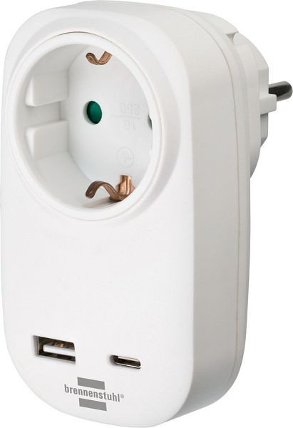 Brennenstuhl Steckdosenadapter mit USB Power Delivery zum Schnellladen (1x Charger Typ C, 1x USB A, mit Schalter), 1508210
