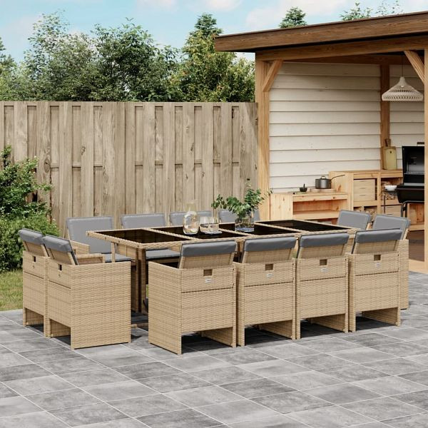 vidaXL 13-teilig Garten-Essgruppe mit Kissen Beigemischung Poly Rattan, 3277811