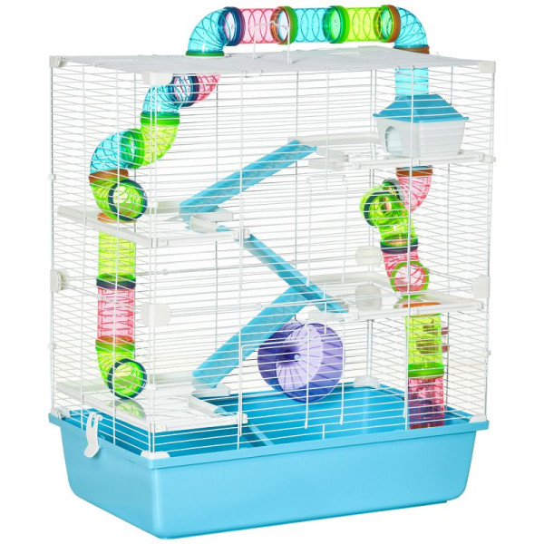 PawHut Kleintierkäfig Kleintierstall mit Rampe und Laufrad 5-Ebenen Käfig Nagerkäfig kleine Haustiere, D51-233LB