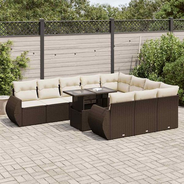 vidaXL 11-tlg. Garten-Sofagarnitur mit Kissen Braun Poly Rattan, 3326714