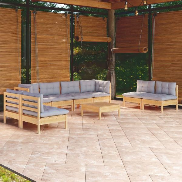 vidaXL 9-teilig Garten-Lounge-Set mit Grauen Kissen Kiefer Massivholz, 3096237