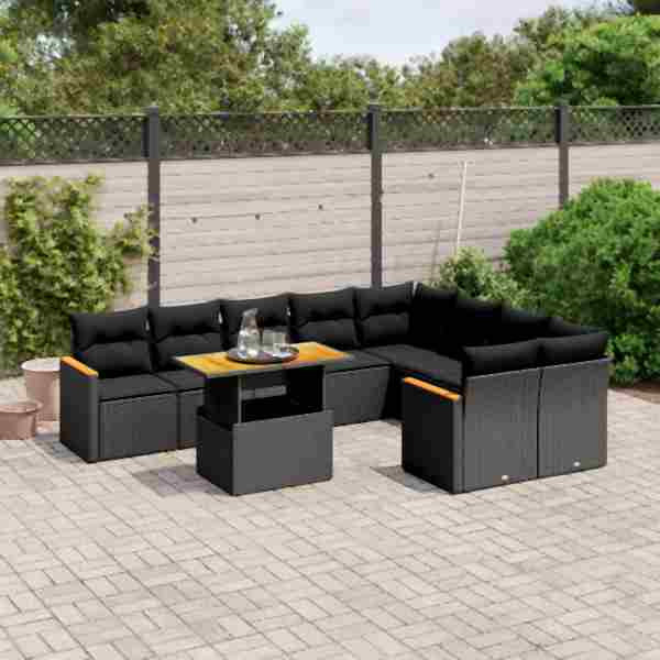 vidaXL 10-tlg. Garten-Sofagarnitur mit Kissen Schwarz Poly Rattan, UV-beständig, 3273232