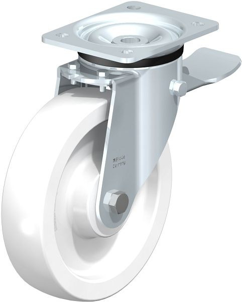 Blickle LK-SPO 200G-ST Stahlblech-Lenkrolle, schwere Ausführung, mit Anschraubplatte & Feststeller, Polyamid, Weiß, 75820