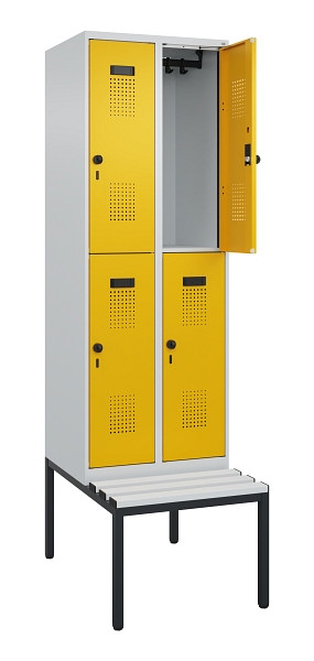 C+P Doppelstock-Spind Evolo PLUS, Bank, 4 Fächer, 2120x600x815mm, 7035/1004, Drehriegel, Sitzfläche Kunststoff, Sitzbank, 0493507-20 S10081