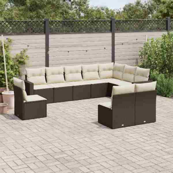 vidaXL 10-tlg. Garten-Sofagarnitur mit Kissen Braun Poly Rattan, UV-beständig, 3219103