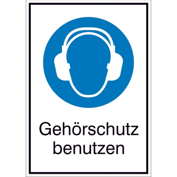 Stein HGS Kombischild mit Gebotszeichen und Zusatztext, Gehörschutz benutzen, 131 x 185 mm / Folie, selbstklebend, 21.a7080