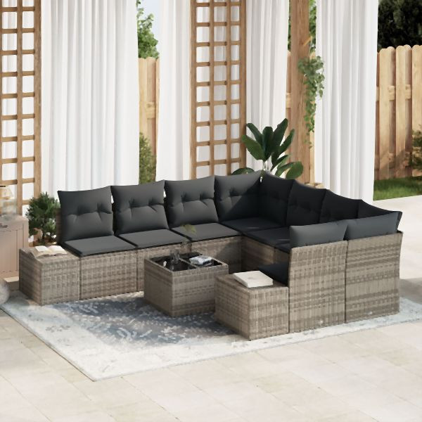 vidaXL 9-teiliges Garten Sofa Set mit Kissen Grau Poly Rattan, 3355668