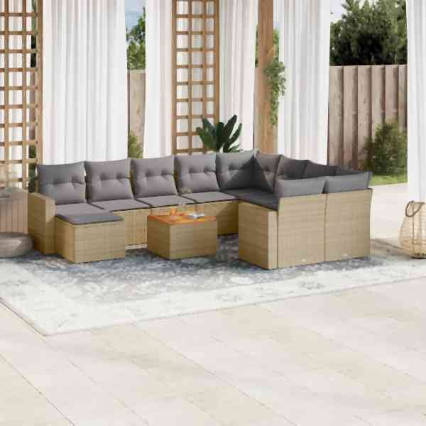 vidaXL 11-tlg. Garten-Sofagarnitur mit Kissen Beige Poly Rattan, UV-beständig, 3224414