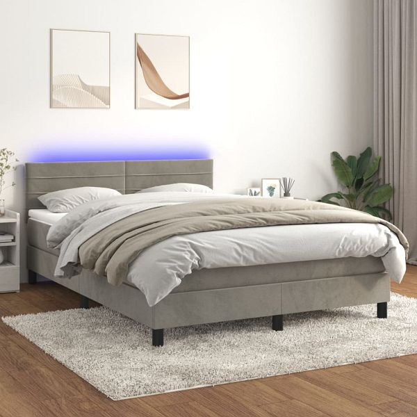 vidaXL Boxspringbett mit Matratze & LED Hellgrau 140x190 cm Samt, 3134459