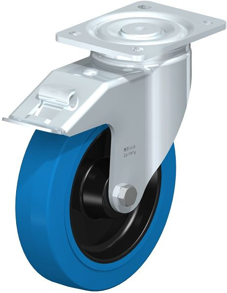 Blickle LH-POEV 200XR-FI-SB Stahlblech-Lenkrolle, Schwerlast-Ausführung, mit Anschraubplatte & Feststeller, Elastik-Vollgummi, Blau, 851865