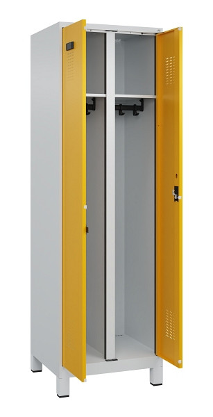 C+P Schwarz-Weiß-Spind Evolo PLUS, mit Füßen, 2 Abteile, 1950x600x500mm, 7035/1, Frontfarbe RAL 1004 Goldgelb, Zylinderschloss, 049012-20 S10027