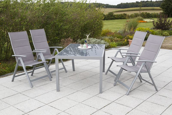 Merxx Taviano Set 5-teilig, 4 Klappsessel, Rückenlehne 5-fach verstellbar, gepadded, 1 Tisch, 150 x 90 cm, silber/diamantbraun, 50264-330
