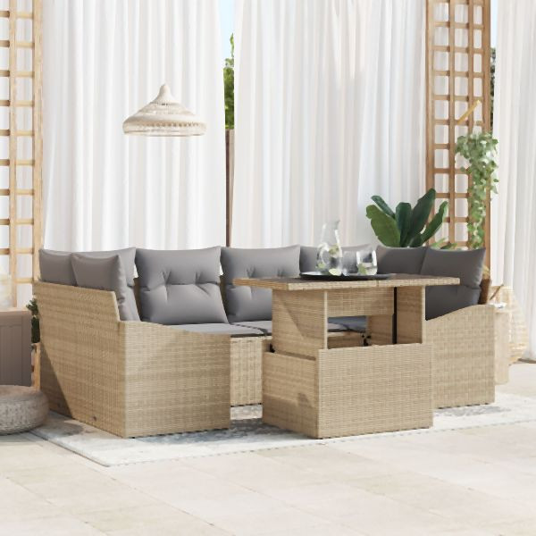 vidaXL Garten Sofa Set 7-teilig Beige und Grau Rattan, Metallrahmen, 3357673