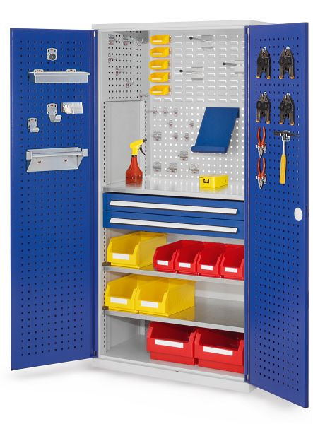 Kappes RasterPlan Schubladenschrank, Modell 11, RAL 7035 /5010, Türinnenseite: Lochplatten, 1950 x 1000 x 600 mm, 2 Schubladen H 100 mm, 1460.01.3016