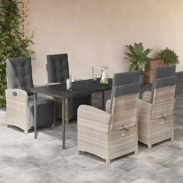 vidaXL 5-tlg. Garten-Essgruppe mit Kissen Hellgrau Poly Rattan, UV-beständig, 3212601