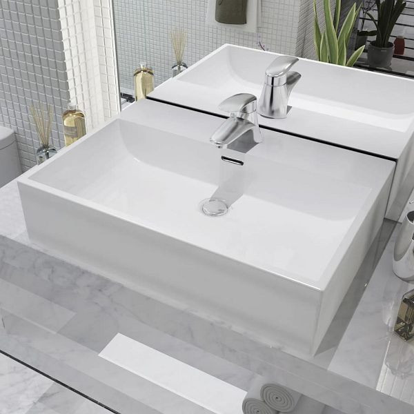 vidaXL Waschbecken mit Hahnloch Keramik Weiß 60,5x42,5x14,5 cm, 142347
