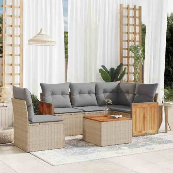 vidaXL 6-tlg. Garten-Sofagarnitur mit Kissen Beige Poly Rattan, UV-beständig, 3260064
