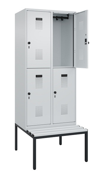 C+P Doppelstock-Spind Evolo PLUS, Bank, 4 Fächer, 2120x800x815mm, 7035/7035, Drehriegel, Sitzfläche Kunststoff, Sitzbank, 0493507-22 S10094