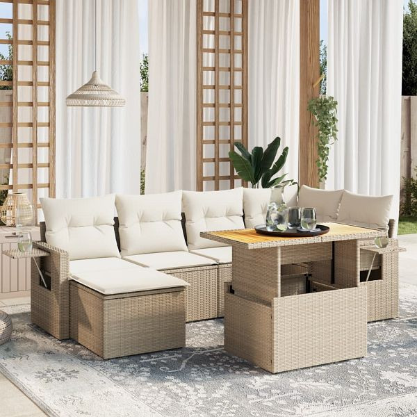 vidaXL 7-teilig Garten-Sofagarnitur mit Kissen Beige Poly Rattan, 3271856