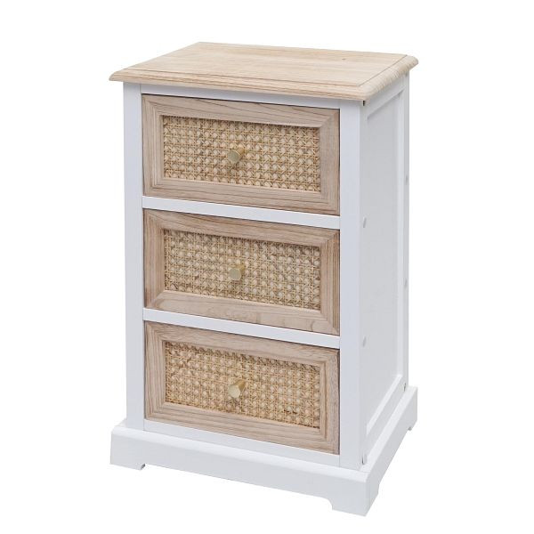 Mendler Kommode HWC-K87, Schubladenschrank Schrank, Holz Rattan 63x40x28cm, weiß, naturfarben, 97675