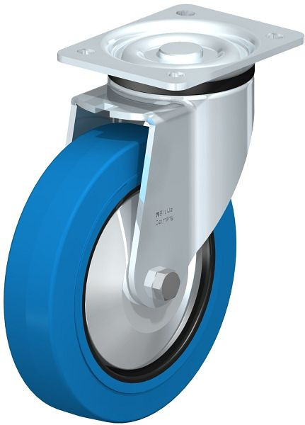 Blickle LK-POEV 200XR-SB-FA Stahlblech-Lenkrolle, schwere Ausführung, mit Anschraubplatte, Elastik-Vollgummi, Blau, 851303