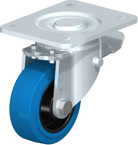 Blickle LH-POEV 100R-3-ST-SB Stahlblech-Lenkrolle, Schwerlast-Ausführung, mit Anschraubplatte & Feststeller, Elastik-Vollgummi, Blau, 750065