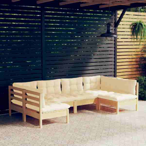 vidaXL 6-tlg. Garten-Lounge-Set mit Creme Kissen Massivholz Kiefer, 3097151