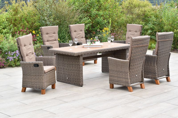 Merxx Toskana Set 13-teilig, 6 Toskana Hochlehner, durch Gasdruckfeder verstellbar, inkl. Kissen, 1 Tisch 185 x 90 cm, Tischplatte Akazienholz, 50423-211
