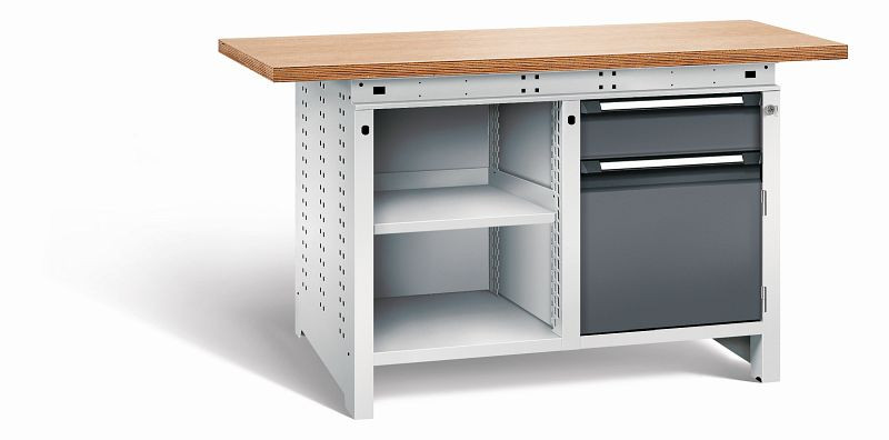 Otto Kind Werkbank Serie function Typ 211, Multiplexplatte 40 mm, überstehend, 2x Unterbau, Gehäuse RAL 7035, Front RAL 7016, 072341249