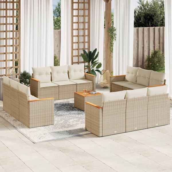 vidaXL 13-teilig Garten-Sofagarnitur mit Kissen Beige Poly Rattan, 3225841