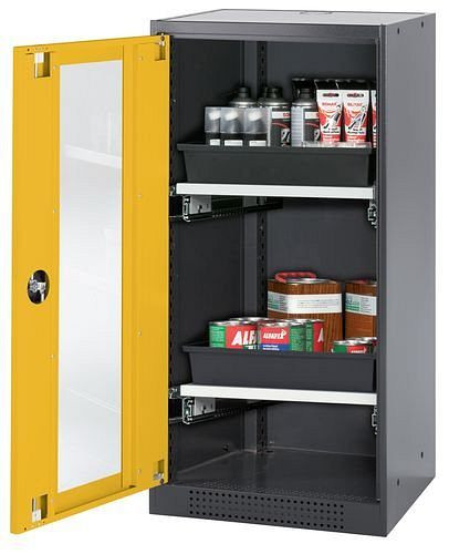 asecos Chemikalienschrank Systema-T CS-52LG, Korpus anthrazit, Flügeltüren gelb, 2 Tablarauszüge, 208670