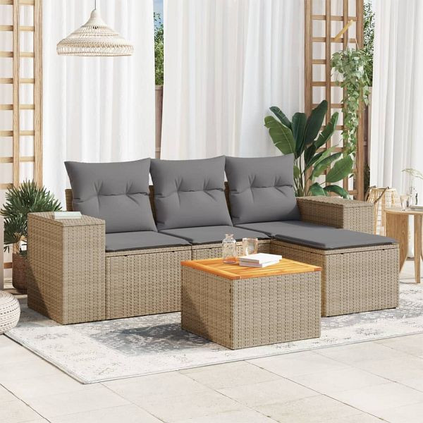vidaXL 5-teilig Garten-Sofagarnitur mit Kissen Beige Poly Rattan, 3225415