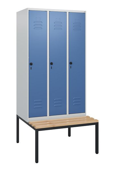 C+P Umkleidespind Classic PLUS, mit untergebauter Sitzbank, 3 Abteile, 1950x900x815mm, 7035/5023, Drehriegel, Buche-Sitzleisten, 0800505-30 S10005