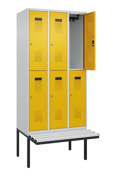 C+P Doppelstock-Spind Evolo PLUS, Bank, 6 Fächer, 2120x900x815mm, 7035/1004, Zylinderschloss, Sitzfläche Kunststoff, 0493407-30 S10108
