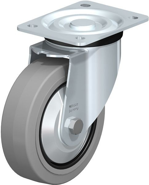 Blickle L-POEV 160K-SG-FA Stahlblech-Lenkrolle, mittelschwere Ausführung, mit Anschraubplatte, Elastik-Vollgummi, Grau, 265538