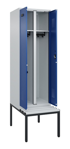 C+P Schwarz-Weiß-Spind Evolo PLUS, Bank, 2 Abteile, 2120x600x815mm, 7035/5010, Zylinderschloss, Sitzfläche Kunststoff, Sitzbank, 0490527-20 S10087
