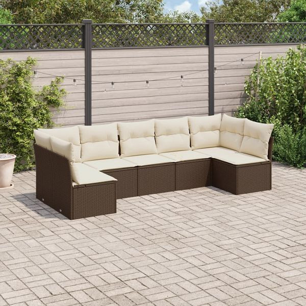 vidaXL 7-teilig Garten-Sofagarnitur mit Kissen Braun Poly Rattan, 3217433
