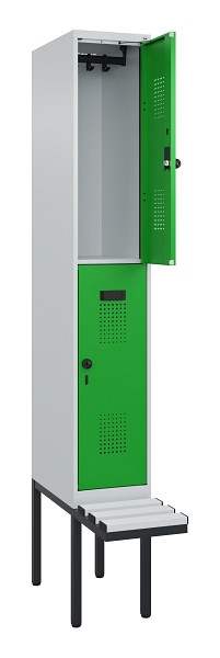 C+P Doppelstock-Spind Evolo PLUS, Bank, 2 Fächer, 2120x300x815mm, 7035/6037, Drehriegel, Sitzfläche Kunststoff, 0493407-10 S10092