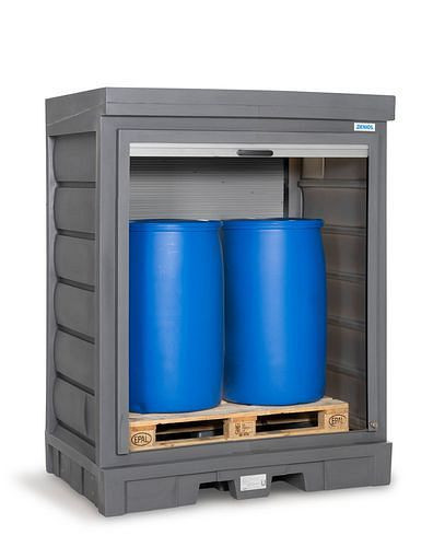 DENIOS PolySafe Gefahrstoffdepot D, mit Rollladen, für 2 Fässer à 200 Liter, 271835