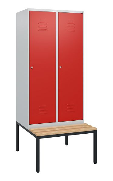 C+P Umkleidespind Classic PLUS, mit untergebauter Sitzbank, 2 Abteile, 1950x800x815mm, 7035/3020, Zylinderschlösser, Buche-Sitzleisten, 0800505-22 S10017