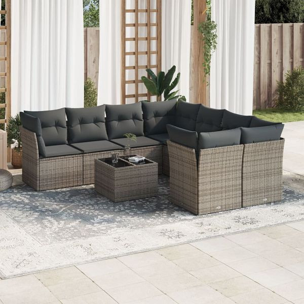 vidaXL 9-teilig Garten-Sofagarnitur mit Kissen Grau Poly Rattan, 3249159