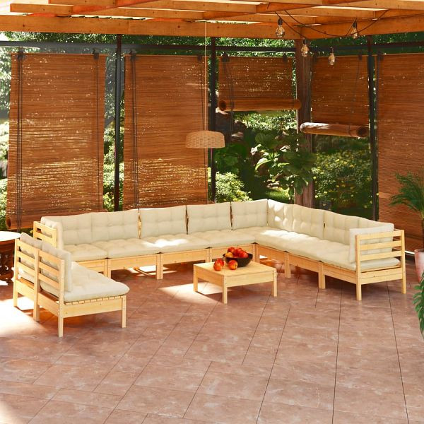 vidaXL 11-teilig Garten-Lounge-Set mit Creme Kissen Massivholz Kiefer, 3096845