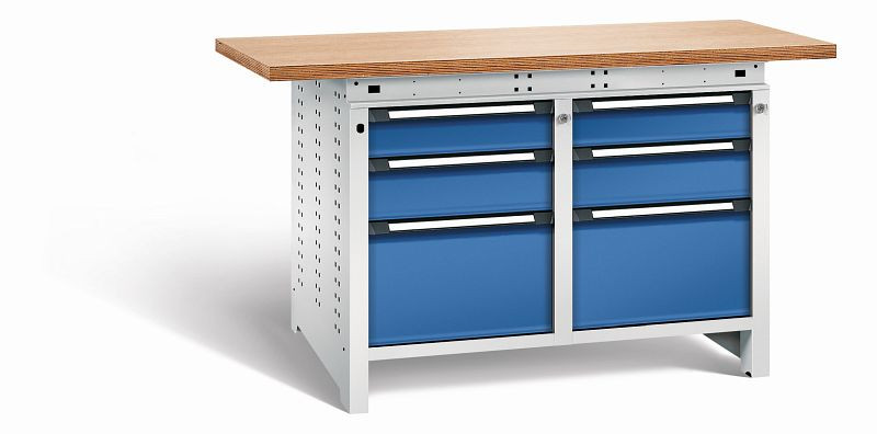 Otto Kind Werkbank Serie function Typ 215, Multiplexplatte 40 mm, überstehend, 2x Unterbau + Zentralverschluss, Gehäuse RAL 7035, Front RAL 5010, 072345286
