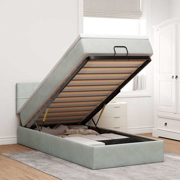 vidaXL Ottoman-Bett mit Matratze & LEDs Hellgrau 90x200 cm Samt, 3312596