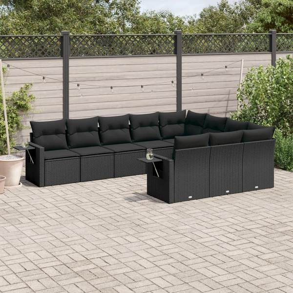 vidaXL 10-tlg. Garten-Sofagarnitur mit Kissen Schwarz Poly Rattan, UV-beständig, 3220684