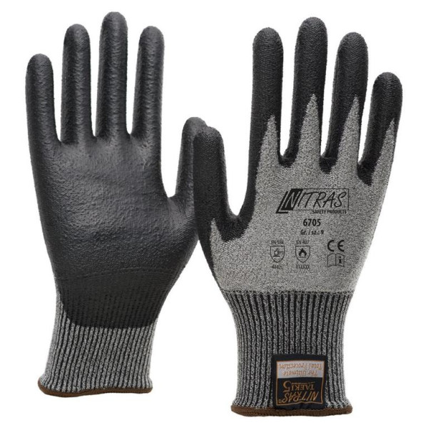 NITRAS TAEKI Schnittschutzhandschuhe, grau, PU-Beschichtung, teilbeschichtet auf Innenhand und Fingerkuppen, schwarz, Größe: 6, VE: 100 Paar, 6705-6